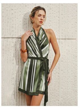 Commense Olive Green and White Striped Halter Wrap Dress